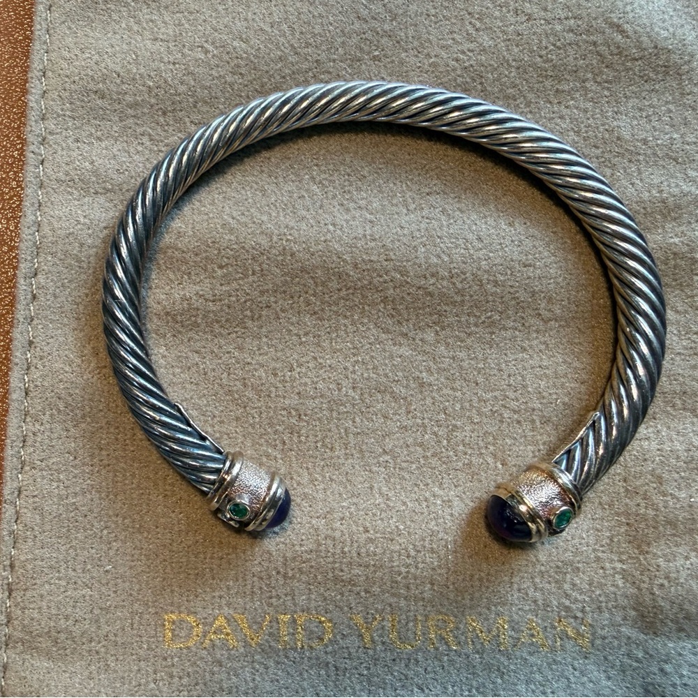 David Yurman Silver Renaissance Cable Bracelet w 18k gold, Amethyst & Emerald